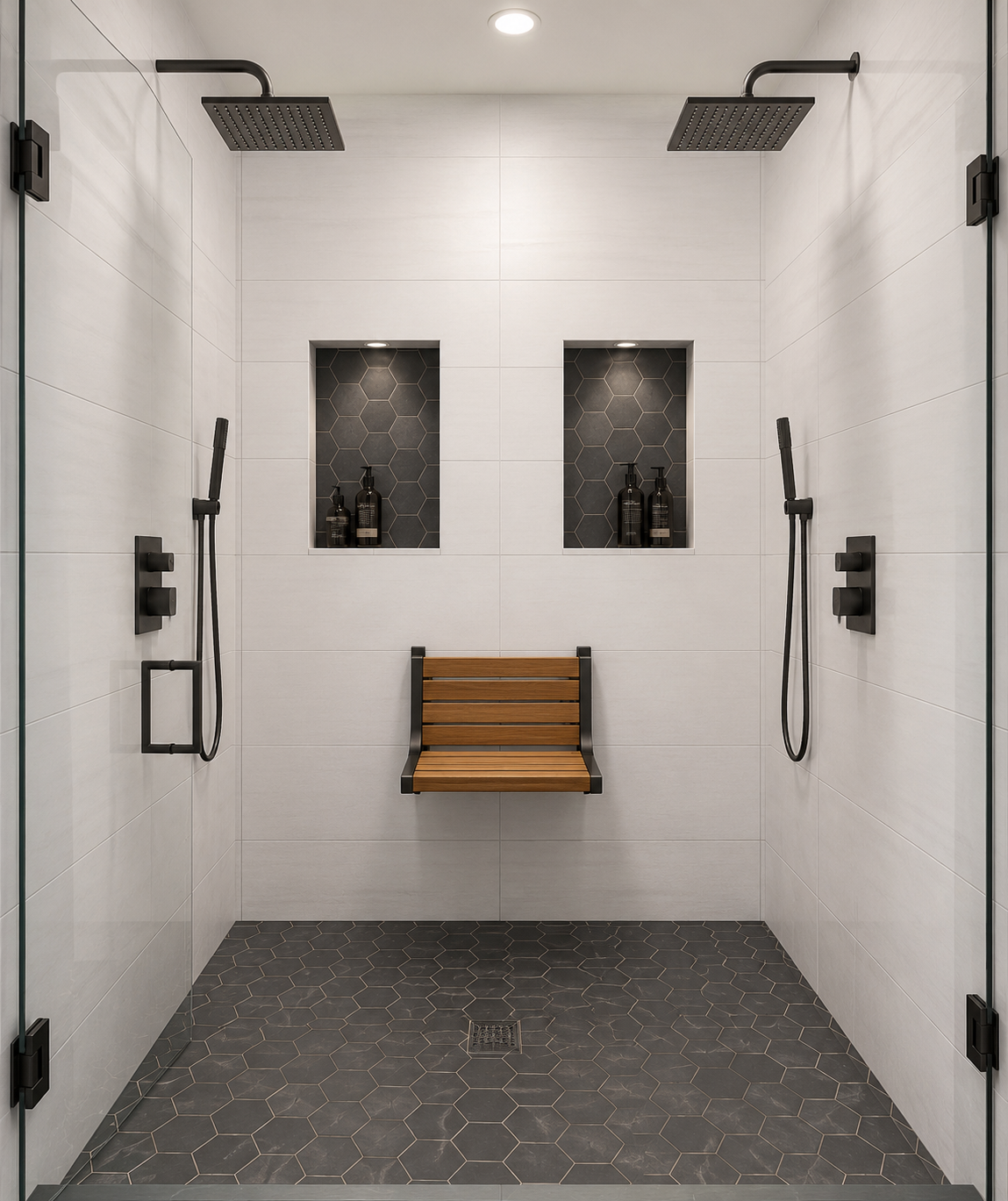 Detailed custom tile shower by Iron & Oak